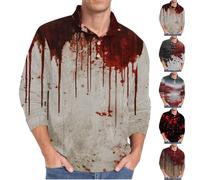 Chemise d'Halloween pour homme - Chemise gaufrée sanglante à manches longues - Costume amusant - T-shirt imprimé sans capuche - T-shirt à manches longues pour les loisirs - Polo effrayant - T-shirt