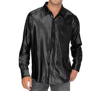 Chemise disco à paillettes pour homme - Costume de fête disco classique ample imprimé pour homme - Costume de carnaval, festival, fêtes à thème - Vêtements vintage à manches longues, Noir , XL