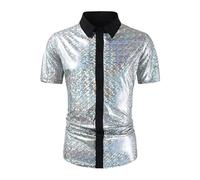 Chemise Disco Homme - Chemise D'Été À Manches Courtes pour Homme Décontractée Et Rafraîchissante (Silver L)