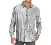 Chemise Disco Homme Grande Taille, Tee Shirt Manche Longue Homme Paillette-Top Col Revers Carnaval AnnéEs 70 Brillante De Soiree Classique Clubwear FêTe Haut pour Carnaval Club Party DiscothèQue