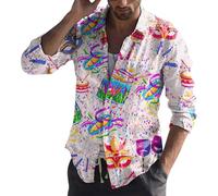 Chemise Disco pour Homme - Imprimé Carnaval - Tenue de fête Confortable des années 70 - Manches Longues - Coupe régulière - Costume décontracté Vintage Streetwear, Rose, S