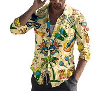 Chemise Disco pour Homme - Imprimé Carnaval - Tenue de fête Confortable des années 70 - Manches Longues - Coupe régulière - Costume décontracté Vintage Streetwear, Jaune, L