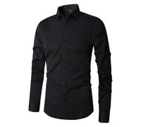 Chemise élastique à manches longues pour homme - Sans repassage - Manches longues - Revers - Couleur unie - Bouton - Chemise légère à manches longues pour homme, Noir , M