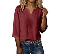 Chemise en Coton et Lin à col V Fendu pour Femme Manches Trois-Quarts Amples Haut uni décontracté Texture légère et Douce Chemise Basique Ample(Wine, XXL)