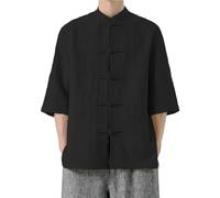 Chemise en coton et lin pour homme, coupe régulière, chemise de style chinois classique, col rond, chemise à manches courtes, chemise boutonnée confortable, haut respirant et léger, pour festival au