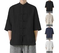 Chemise en coton et lin pour hommes Kung Fu - Style chinois traditionnel de costume Tang, design blouse Tai Chi, veste à manches longues, idéale pour le port culturel, Noir , M