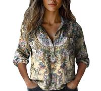 Chemise en coton pour femme - Imprimé tendance - Haut décontracté à manches sept quarts - Chemisier festif pour femme - Mariage, beige, L