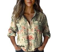 Chemise en coton pour femme - Imprimé tendance - Haut décontracté à manches sept quarts - Chemisier pour femme - Col montant - Manches longues, kaki, XXL