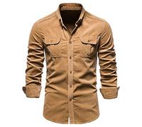 Chemise en coton pour homme - Coupe ajustée - Manches longues - En coton extensible - Avec poches, Marron D., L