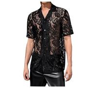 Chemise en dentelle pour homme - Manches courtes - Chemise en dentelle - Pour homme - Couleur unie - Élégante - Coupe ajustée - Personnalisée - Pour carnaval, fête disco des années 70 - Costume pour