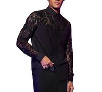Chemise en dentelle pour homme - Transparent - Fleurs - Dentelle boutonnée - Manches longues - Maille - Col en V - Sexy - Perspective musculaire - Pull - Chemisier - Clubwear - Hauts d'été, O Noir., M