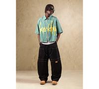 Chemise en flanelle à boutons avec impression de texte graffiti jaune, ample, raccourcie, style casual streetwear, style universitaire, manches courtes, printemps automne L,M,S,XL,XSLettres,CarreauTis