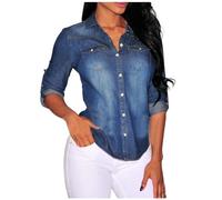Chemise en Jean à Manches Longues pour Femmes, délavé, Style rétro Classique#Z