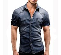 Chemise en jean fin à manches courtes en coton doux, deux poches, coupe slim légèrement élastique, pour homme M noir foncé
