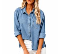 Chemise en jean noir avec bouton sur le devant et manches longues pour | Un col pointu et une patte de boutonnage complète définissent cette chemise en denim foncé, avec des manches qui peuvent être