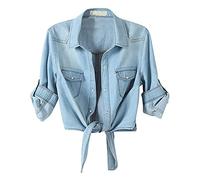 Chemise en Jean Pour Femme Avec Manches 3/4 - Taille à Nouer - Veste Courte Boutonnée - T-shirt Décontracté à Revers Bleu - Tunique Tendance