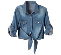 Chemise en jean pour femme de style western décontracté - Chemisier classique en denim avec manches retroussables - Chemise polyvalente en coton à boutons ou à nouer, Style_w02 Bleu, XL