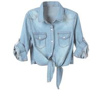 Chemise en jean pour femme de style western décontracté - Chemisier classique en denim avec manches retroussables - Chemise polyvalente en coton à boutons ou à nouer, Style_w01 Bleu, XXL