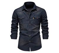 Chemise en jean pour homme - Chemise en coton à manches longues coupe ajustée - T-shirt décontracté pour le travail au bureau - Chemisier d'affaires - Chemisier d'affaires - Haut de salon en denim