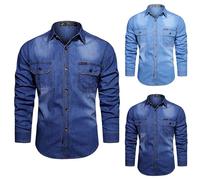 Chemise en jean pour homme en jean délavé à manches longues avec poches poitrine, Chemises bleues avec double poches, 3XL