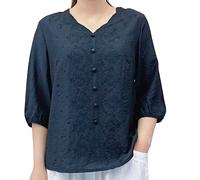 Chemise en lin à manches 3/4 avec broderie florale et col rond pour femme, 1A-Bleu marine, 5XL