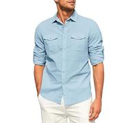 Chemise en lin à manches longues pour homme | Chemise de bureau d'affaires avec deux poches | Col rabattu boutonné | Coupe régulière Couleur unie Chemise de travail confortable et durable pour homme,
