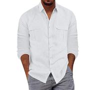 Chemise en lin à manches longues pour homme - Coupe droite - En coton - Avec deux poches de poitrine - Boutonnée - Chemise décontractée à col montant - Chemise de plage - Chemise en lin - Chemise à