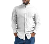Chemise en lin à manches longues pour homme - Coupe droite - Rayée - Pour l'été - Plage - En lin - Pour le travail, les vacances, l'été, la plage - Avec poche, Blanc., 3XL