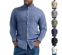 Chemise en lin à manches longues pour homme - Coupe droite - Rayée - Pour l'été - Plage - En lin - Pour le travail, les vacances, l'été, la plage - Avec poche, Marine, M