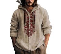 Chemise en Lin à Manches Longues pour Homme été Mao Chemise de Plage Classique Sweat à Capuche en Lin Couleur Unie Leger Chic T Shirt Hoodie Casual Bouton Shirts Regular Fit (Q1-Khaki, XXXL)