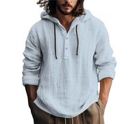Chemise en Lin à Manches Longues pour Homme été Mao Chemise de Plage Classique Sweat à Capuche en Lin Couleur Unie Leger Chic T Shirt Hoodie Casual Bouton Shirts Regular Fit (Light Blue, XXL)