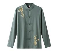 Chemise en lin à manches longues pour homme Tangzhuang Traditionnelle Regular Fit Button Down Arts martiaux Kung Fu Tai Chi Uniforme Chinois avec broderies Col montant Chemise pour homme, vert, 4XL