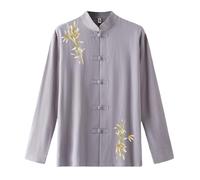 Chemise en lin à manches longues pour homme Tangzhuang Traditionnelle Regular Fit Button Down Arts martiaux Kung Fu Tai Chi Uniforme Chinois avec broderies Col montant Chemise pour homme, gris, 4XL