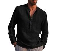 Chemise en lin coton Henley - Pour homme - Confortable - Poches - Décontractées - Manches longues - Pour homme - Col rabattu - Polo de luxe, B719noir, L