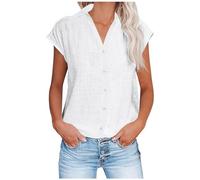Chemise en Lin Et Coton Femme Haut Été pour Femmes avec Col en V Élégant Chic T-Shirt Coton Lin À Manche Courte Tunique Tops avec Boutons D'Été Chemisier Leger Et Respirant Couleur Unie Blouse Solde