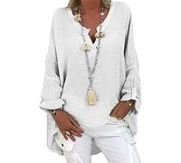 Chemise en Lin Femme Blanche Tunique Manches Longues Lâche Chemisier Col V Pas Cher Grande Taille Chic Et Elegant Blouse Casual Respirant Décontractés Haut avec Boutonné Léger Couleur Unie Tops