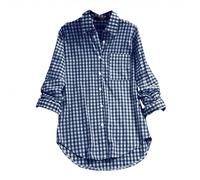 Chemise en Lin Femme Grande Taille Chemise Anti UV Femme Manche Longue Chemisier Vintage Chemisiers Vintage Blouse Plaid Haut avec Poche Et Bouton Top Revers Vêtements Revers Loungewear XXXXXL