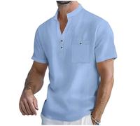 Chemise en Lin Homme Été col Mao Manches Courtes Boutonnée Chemises Coton et Lin Chemisette Hawaienne Hommes Grande Taille Legere et Respirante Mode Henley T-Shirt Haut pour l'Été, Plage et Loisirs