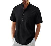 Chemise en Lin Homme Manches Courtes Été Coton Chemises Henley Shirt de Couleur Unie Leger Respirant Casual de Plage Chemise en Lin Marron Foncé avec Manches Courtes Col Mao Hommes Respirant Haut Top