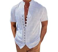 Chemise en Lin Homme Manches Courtes Été Coton Chemises Henley Shirt de Couleur Unie Leger Respirant Casual de Plage Boutonnée Vintage Couleur Unie Haut Grande Taille