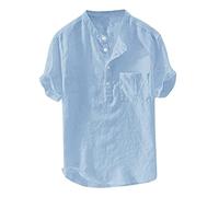 Chemise En Lin Hommes Élégant D'Été Henley Shirts Revers Confortable Coton Et Lin Chemise De Plage Respirant Coupe Régulière Hawaii T-shirt Avec Poche Grande Taille Coréenne T-Shirt Hommes, bleu,