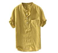 Chemise En Lin Hommes Élégant D'Été Henley Shirts Revers Confortable Coton Et Lin Chemise De Plage Respirant Coupe Régulière Hawaii T-shirt Avec Poche Grande Taille Coréenne T-Shirt Hommes, jaune, 4XL