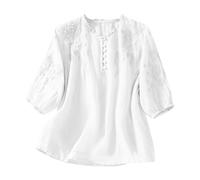 Chemise en lin pour femme avec col en V et col en V - Tunique florale brodée - Chemisier d'été indien à volants pour femmes âgées - Coupe ample en dentelle - Style bohème - Gaze pour femme, blanc, L