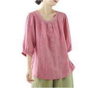 Chemise en Lin pour Femme Chic et Élégante Casual Manches 3/4 Col en Rond Bouton Brodée Fermeture Semi-Ouverte Chemisier Lâche Respirant Décontractée Blouse Tops pour Bureau et Événement