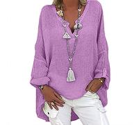 Chemise en lin pour femme grande taille Blouses d'été légères à manches longues : chemisier élégant coupe ample chemisier Dirndl col rond chemisier en lin aéré chemise à manches longues couleur unie