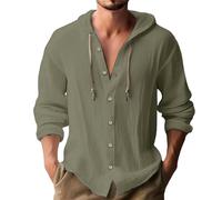 Chemise en lin pour homme avec capuche - Sweat à capuche fin - Manches longues - Chemise hawaïenne - Couleur unie - Chemise d'été décontractée - Chemise à manches longues - Chemise à capuche en lin -