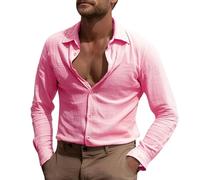 Chemise en lin pour homme - Chemise à manches longues - Coupe ajustée - Chemise de plage en coton - Chemise décontractée confortable - Chemise décontractée - Boutonnée - Vêtement de sport - Manteau