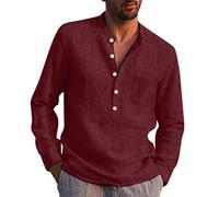 Chemise en lin pour homme - Manches longues - Pour l'été - Style décontracté - Style vintage - Pour les loisirs - Coupe droite, Bordeaux, XL