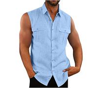 Chemise en lin pour homme sans manches - Chemise d'été - Chemise de plage - Bandage sans col - Débardeur basique - En lin - Respirant - Confortable - Pour les loisirs - Plage, bleu, XL