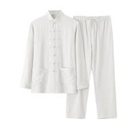 Chemise en lin pour homme Style chinois Tenue en lin Chemises + Pantalon en lin 2 pièces Kungfu Tenue Hommes Tai Chi Vêtements Respirant Costume Kungfu Coupe droite, Blanc., XXXXL